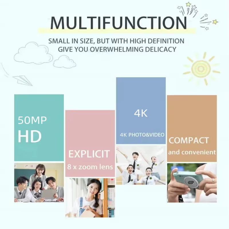 4K Digital Camera 50 Megapixels HD Photography Travel Selfie Camera 2.4 Inch Screen Entry-Level Kids Campus Selfie Mini Camera