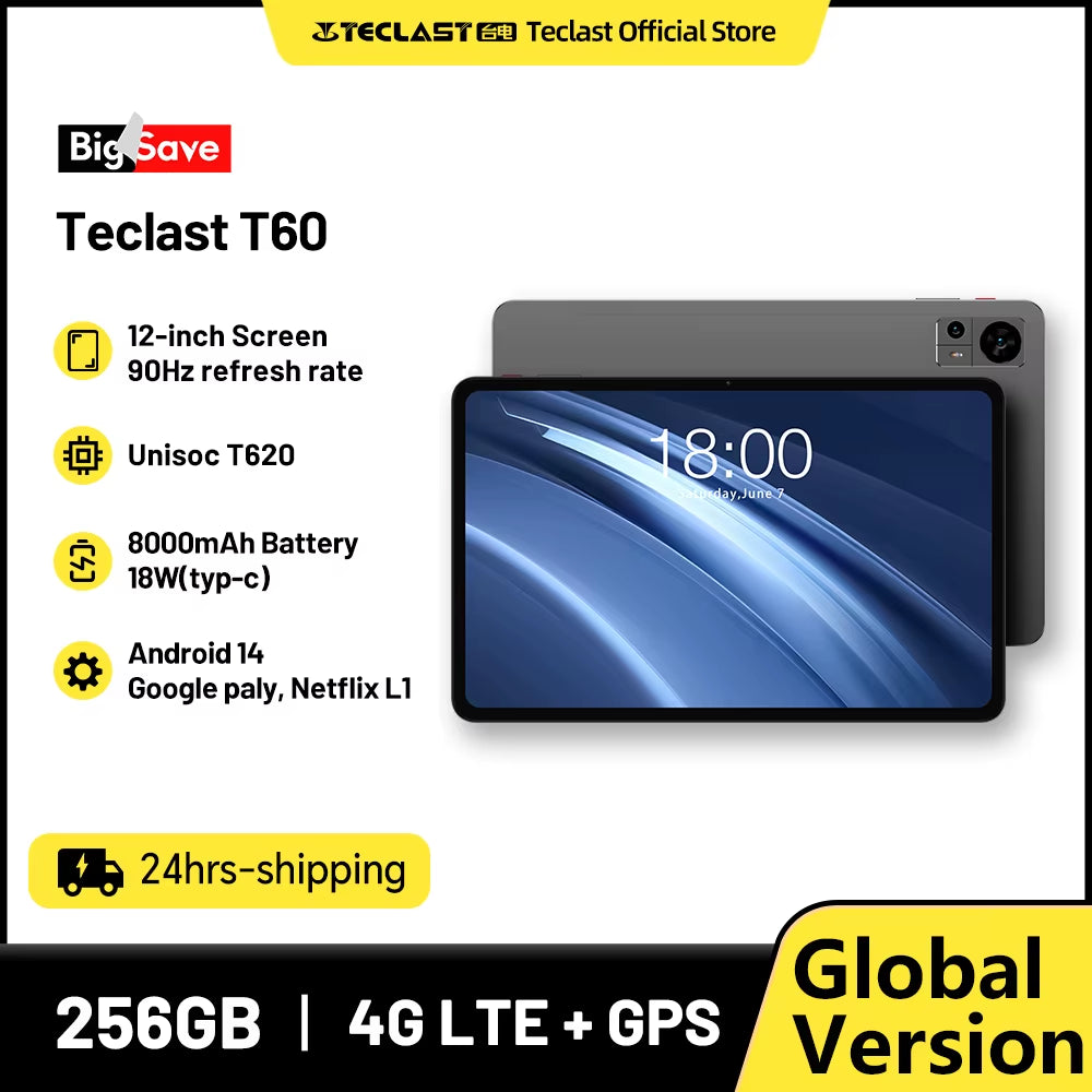 T60 12 Inch 2K Tablet Android 14 8GB+12GB RAM 256GB ROM T620 Octa-Core 8000Mah 18W PD Fast Charging 4G Volte GPS Tablets