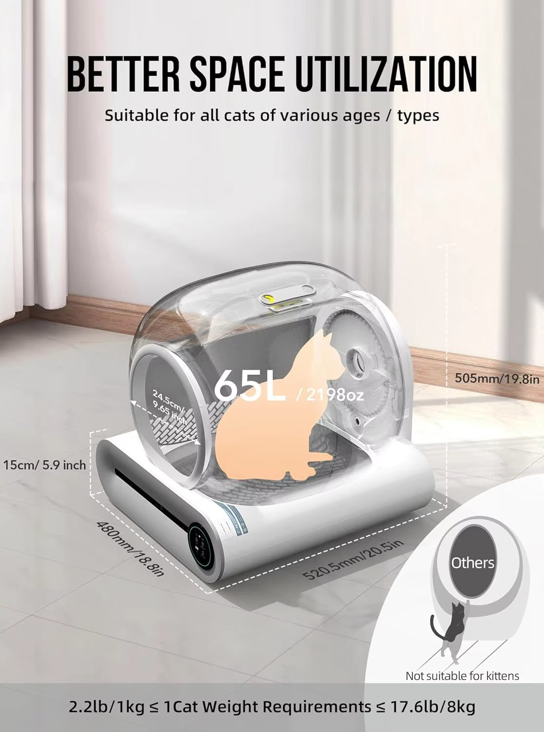 65L Automatic Smart Cat Litter Box Self Cleaning Fully Enclosed Cat Litter Box Pet Toilet Litter Tray