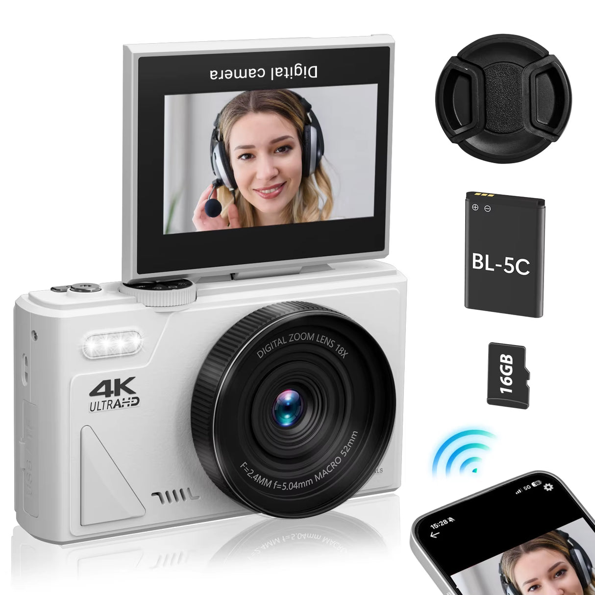 4K Digital Camera for Photography and 18X Digital Zoom Camera 64MP Compact Vlogging You Tube Camera 3'' Flip Screen with Flash