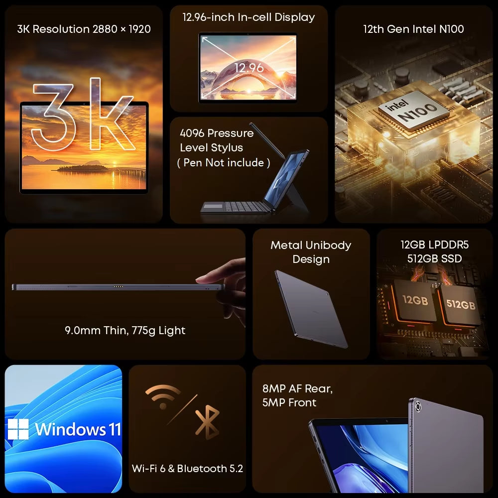 Hi10 Max Tablet 2 in 1 Tablet PC 12.96Inch 3K Display Core N100 Laptop 12GB RAM 512GB ROM Windows 11 Tablets 2.4G/5G Wifi