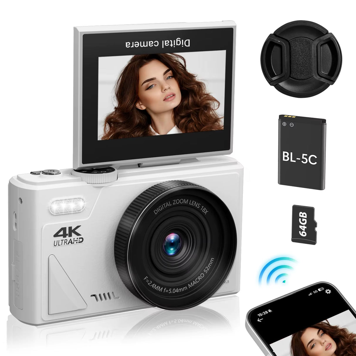 4K Digital Camera for Photography and 18X Digital Zoom Camera 64MP Compact Vlogging You Tube Camera 3'' Flip Screen with Flash
