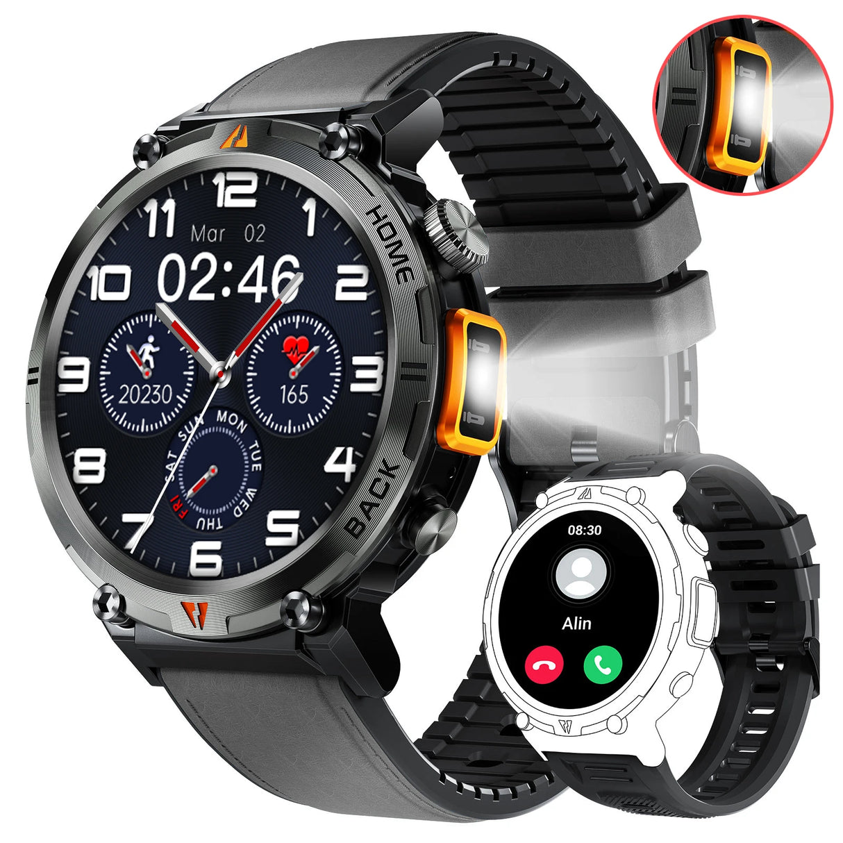 KE3 Smart Watch 3ATM Waterproof Original Design for Men Bluetooth Call Health Monitor with Flashlight 100+ Sports Modes