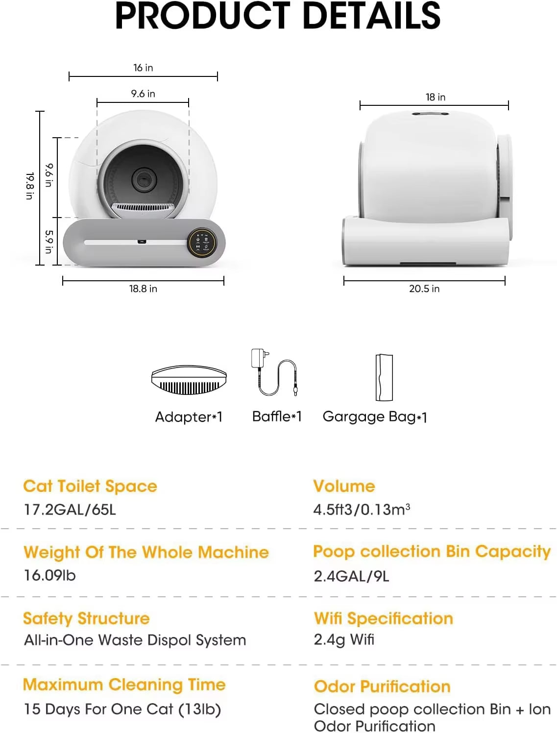 65L Automatic Smart Cat Litter Box Self Cleaning Fully Enclosed Cat Litter Box Pet Toilet Litter Tray