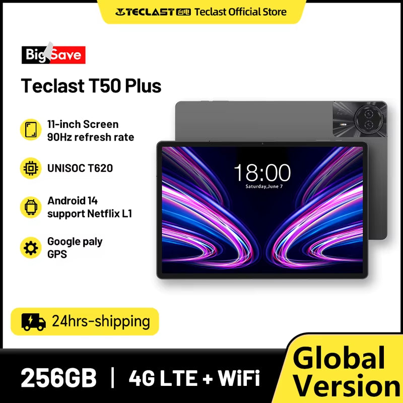 【New】 T50 plus Android 14 Tablet 11" 2K 90Hz High Refresh 6GB +256GB UNISOC T620 8000Mah Battery 8MP+13MP Camera 4G Tab