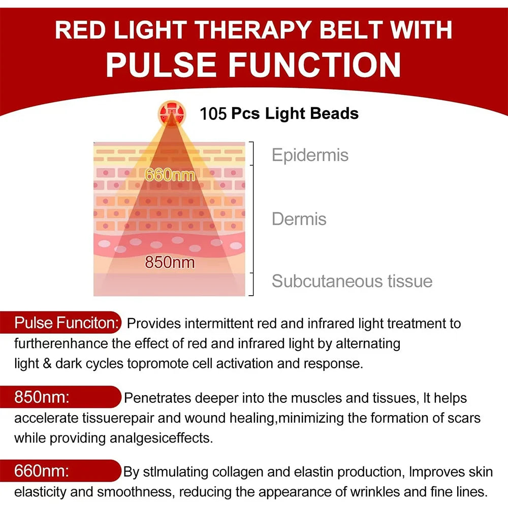 Red &Infrared LED Light Therapy Belt 850Nm 660Nm Back Pain Relief Wrap Burn Fat Wrap Slimming Machine Waist Heat Pad Full Body