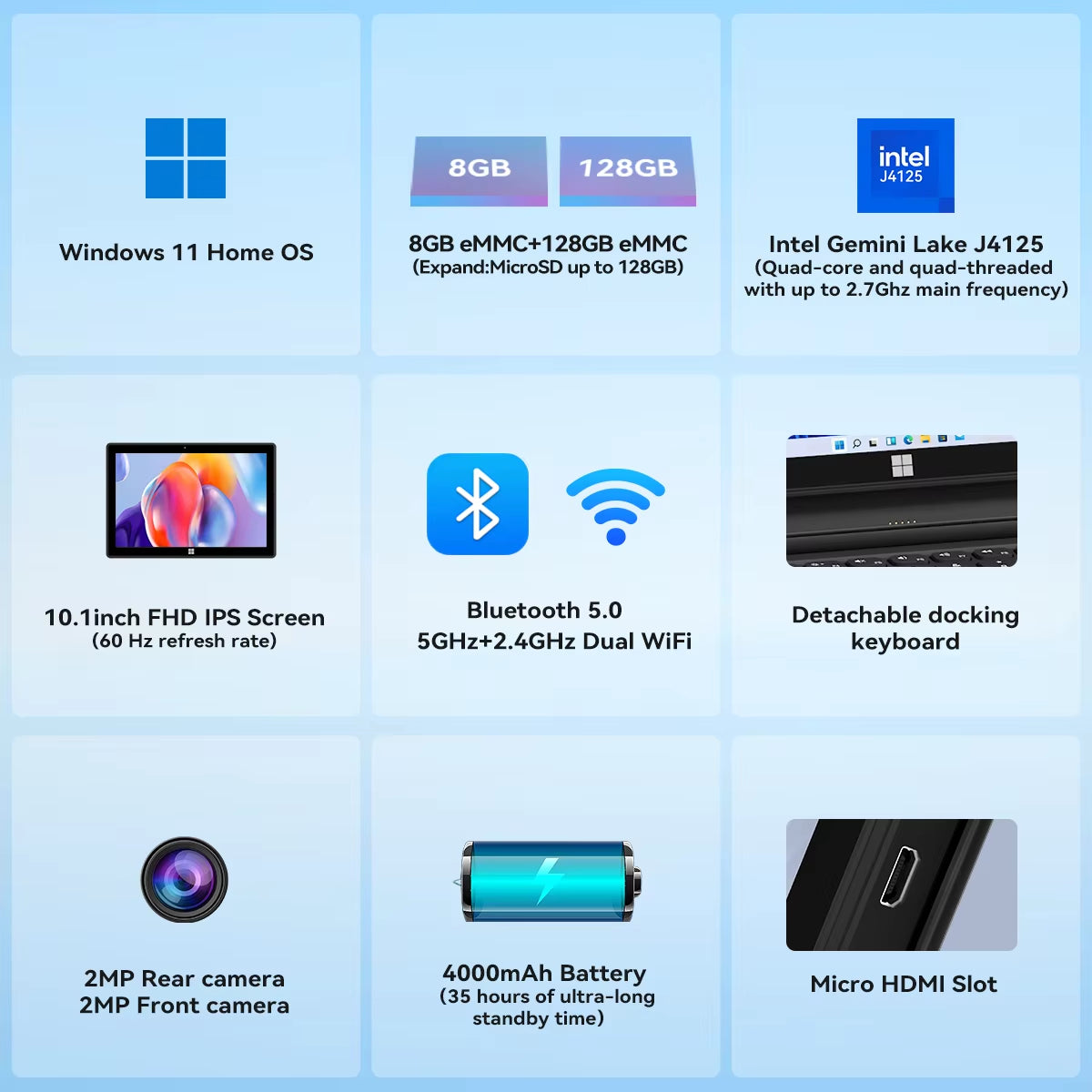 10 Inch Windows Tablet with Keyboard 8GB 128GB 4000Mah 2 in 1 PC Cheap Tablet Windows 11 Intel J4125 2.4G/5G Wifi