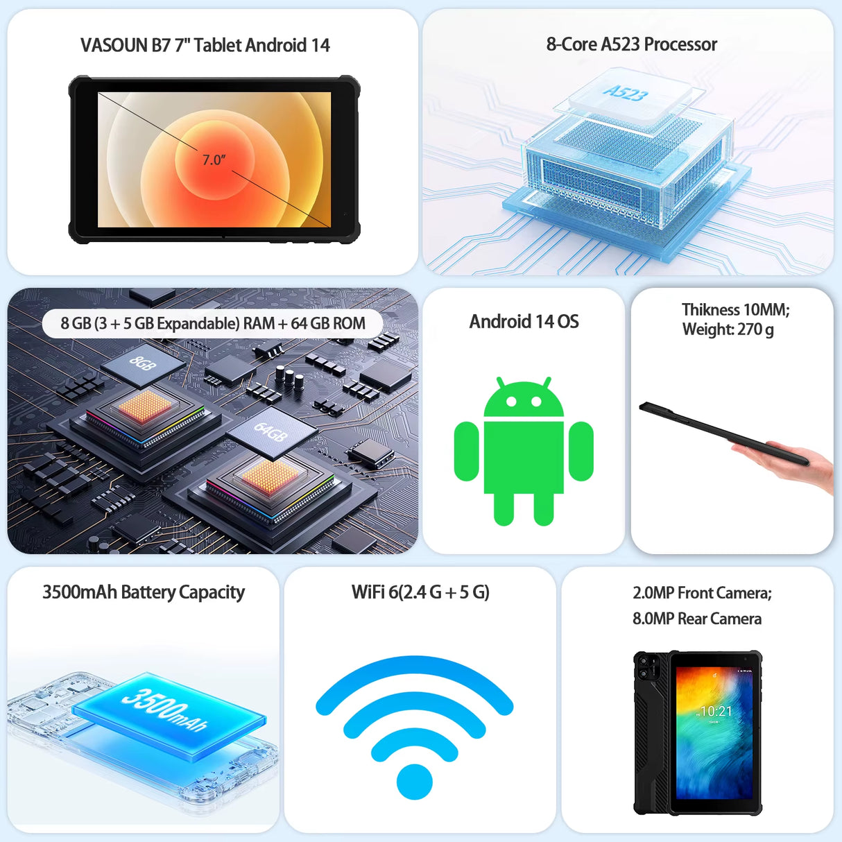 Tablet 7" Android 14 Tablets, 8GB RAM(3+5GB Expand) 64GB ROM, A523 Octa-Core Processor, 5G Wifi+Wifi6, Dual Camera,Black