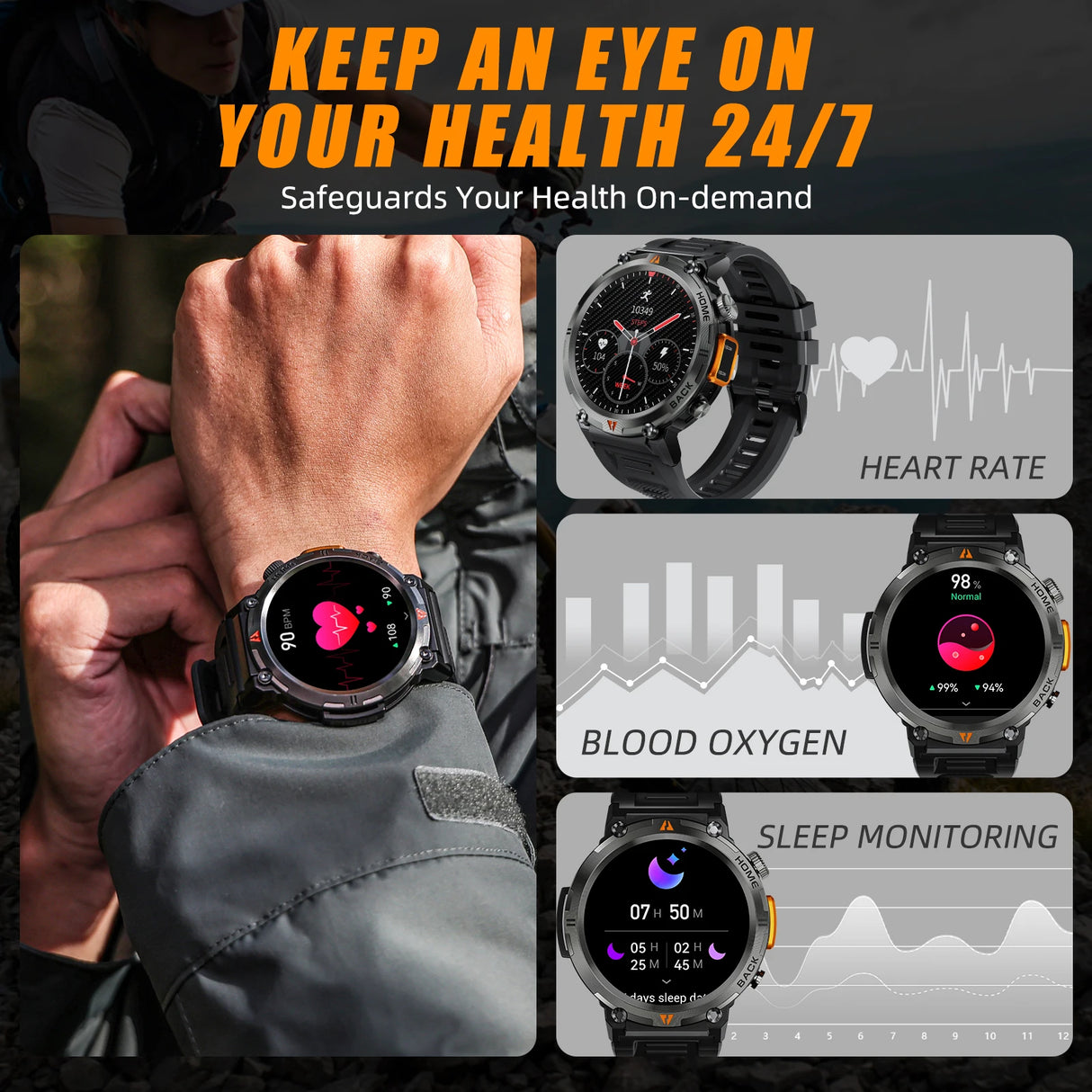 KE3 Smart Watch 3ATM Waterproof Original Design for Men Bluetooth Call Health Monitor with Flashlight 100+ Sports Modes