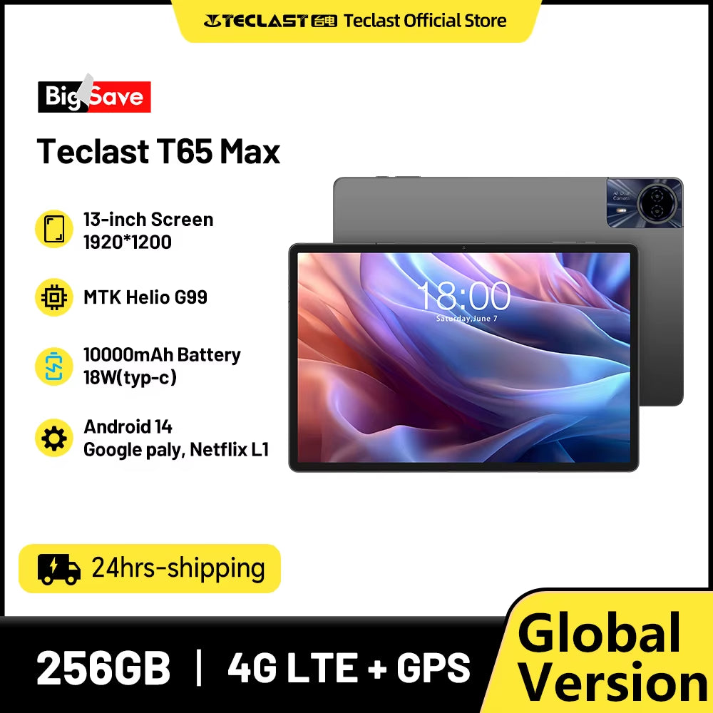 【World Premiere】 T65 Max 13" HD Display Android 14 Tablet Mediatek G99 8GB RAM 256GB ROM 10000Mah Battery Widevine L1