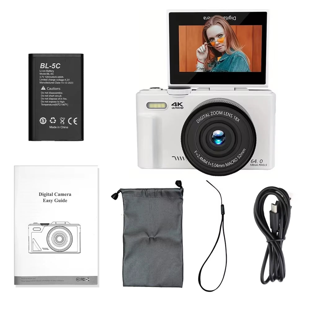 Compact Digital Photography Camera 4K 18X Digital Zoom Vintage Vlog Video Recorder Youtube 180° Flip Screen Selfile with Flash