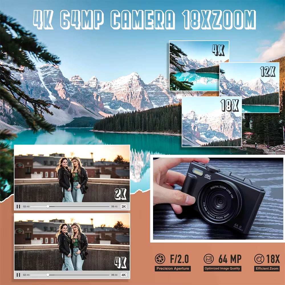 Compact Digital Photography Camera 4K 18X Digital Zoom Vintage Vlog Video Recorder Youtube 180° Flip Screen Selfile with Flash