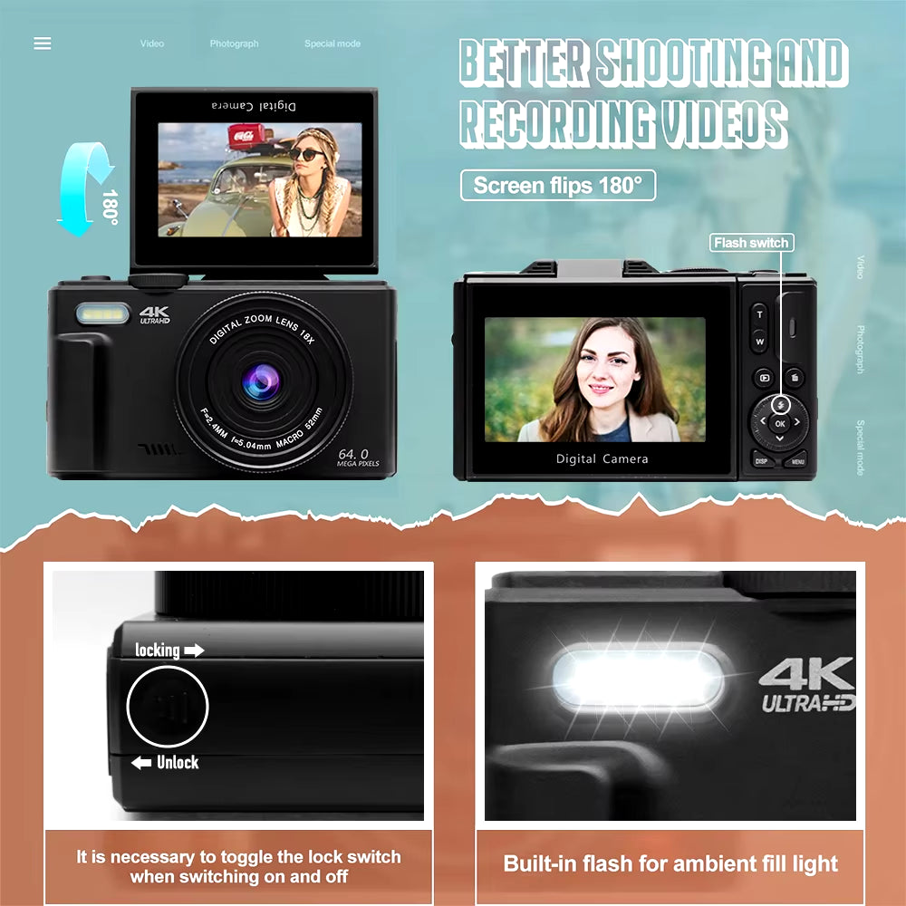 Compact Digital Photography Camera 4K 18X Digital Zoom Vintage Vlog Video Recorder Youtube 180° Flip Screen Selfile with Flash