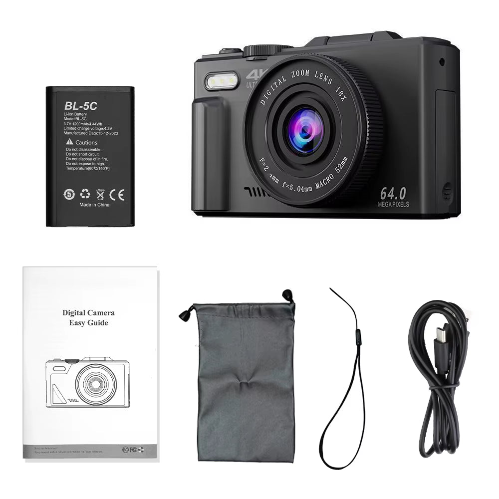 Compact Digital Photography Camera 4K 18X Digital Zoom Vintage Vlog Video Recorder Youtube 180° Flip Screen Selfile with Flash